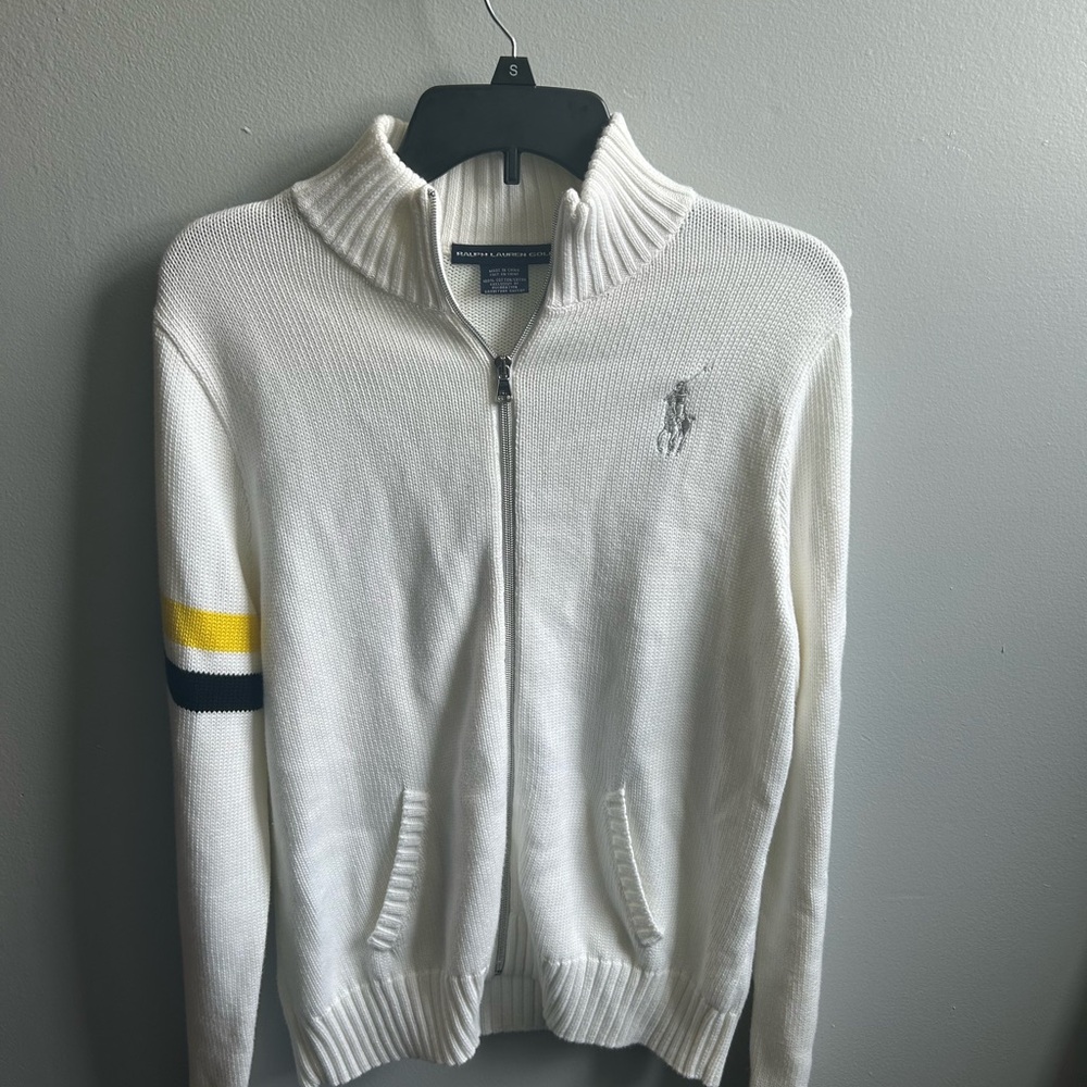 Ralph Lauren White Zip-Up Sweater with Navy and Yellow Accents